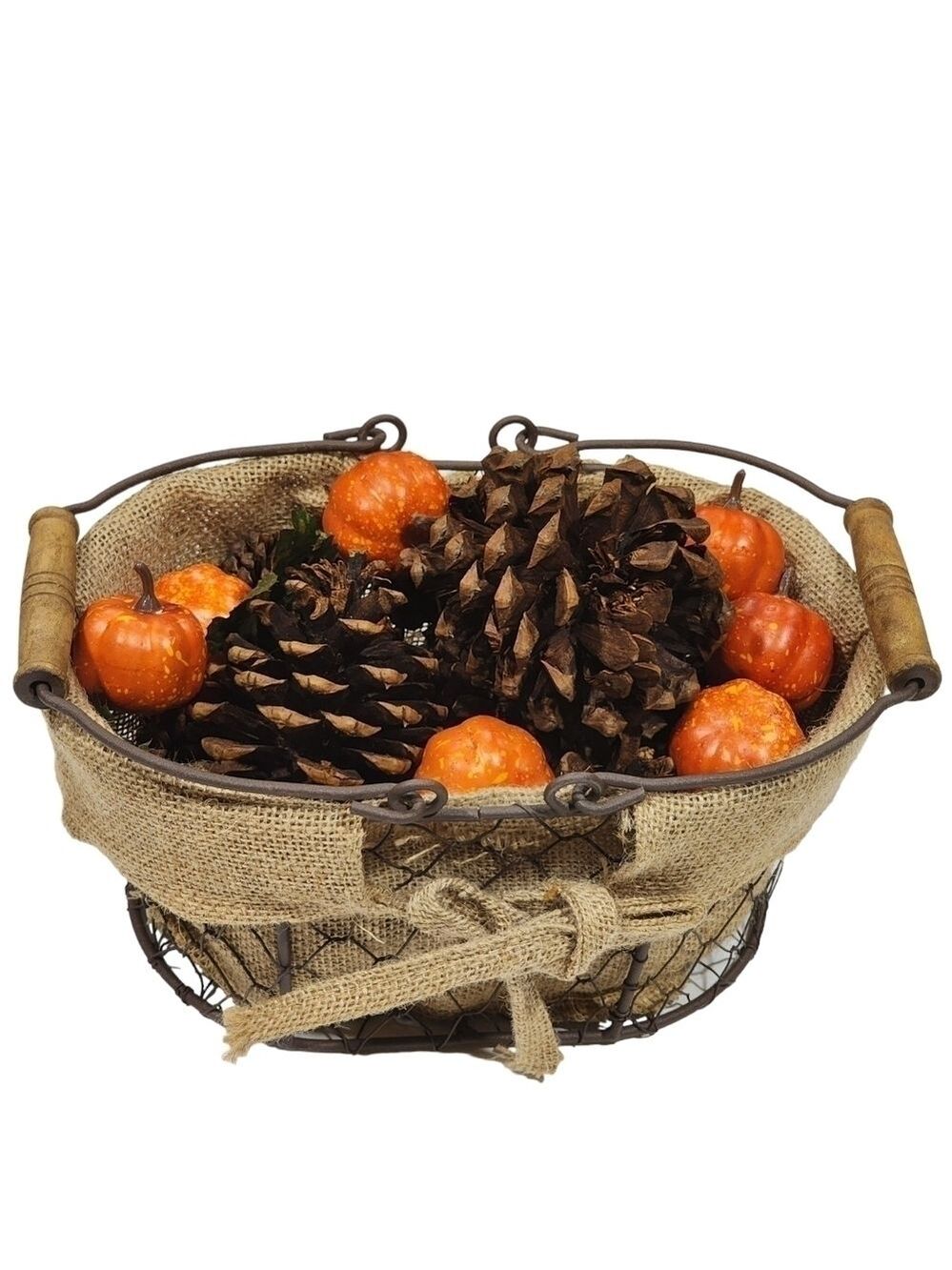 Farmhouse Oval chicken wire 10" basket burlap liner fall pinecone pumpkin decor